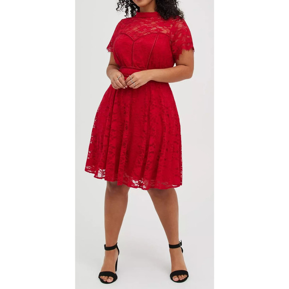Torrid Mock Neck Fit & Flare Mini Dress Lace Jester Red Velvet Trim Plus Size 26 - Picture 16 of 16